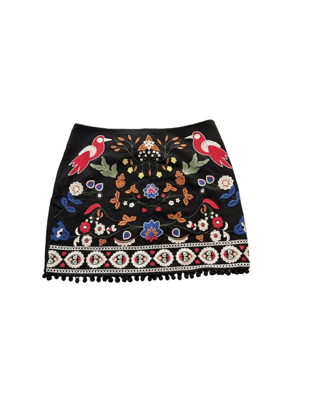 Umgee Black Multicolor Embroidered Mini Skirt Birds Pom Trim Sz L NWT - Picture 3 of 13